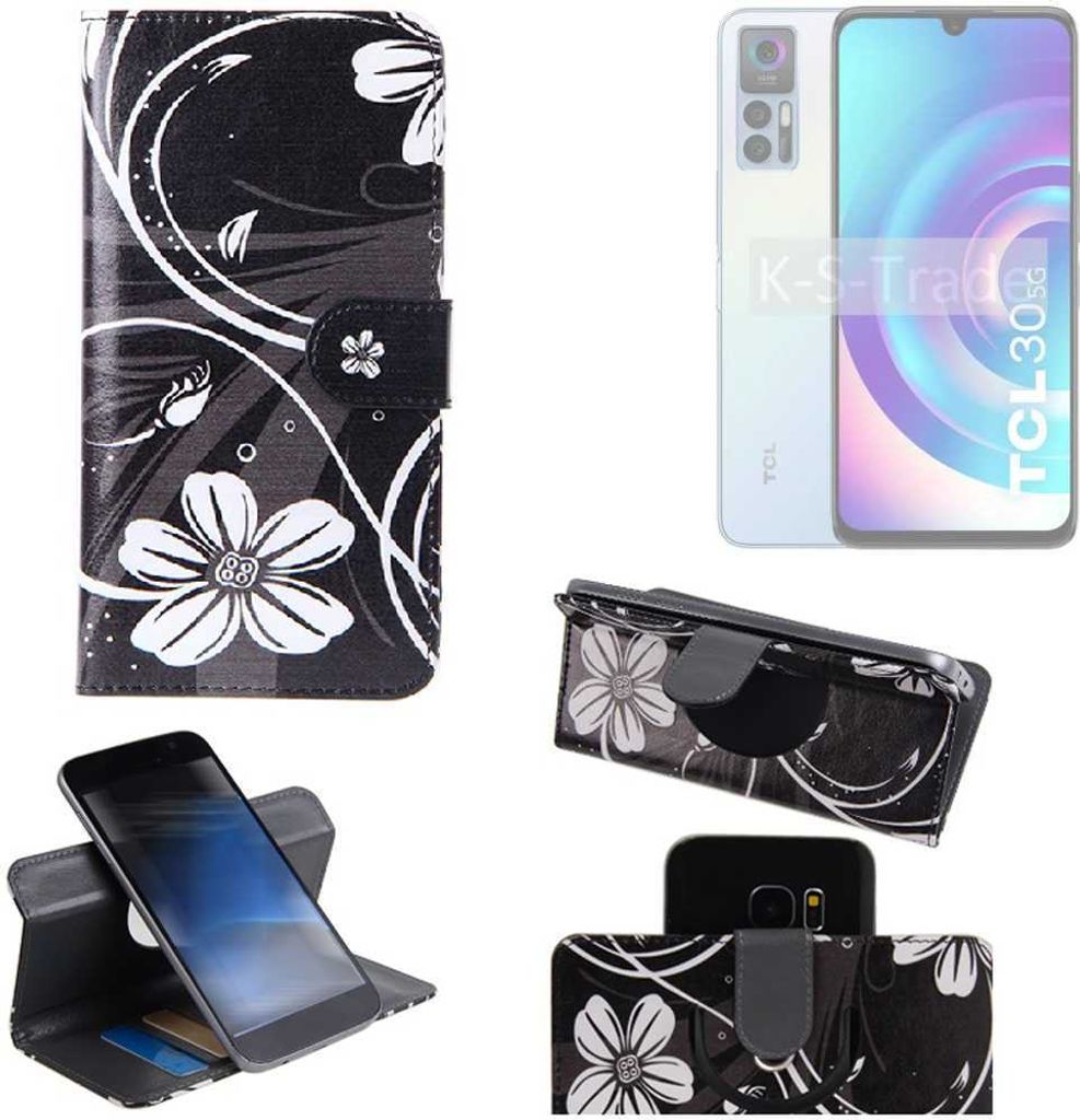 K-S-Trade Schutzhülle Handyhülle kompatibel mit TCL 30 5G Hülle 360° Wallet Case “Flowers“ Klapphülle Hülle schwarz-weiß 1x