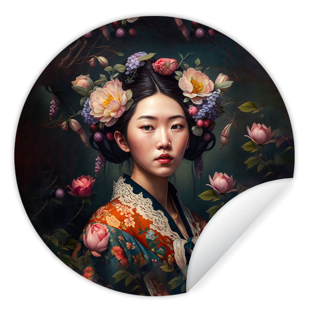 MuchoWow Runde Wandtattoo - Wandsticker Tapete Aufkleber Frau - Blumen - Kimono - Porträt - Asiatisch Ø 50 cm Selbstklebend und Repositionierba...
