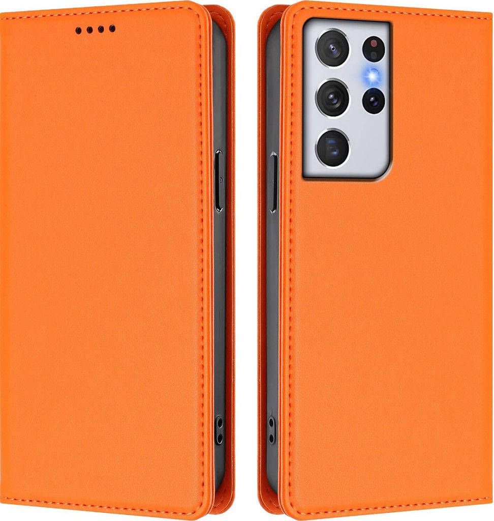 Handyhülle für Samsung Galaxy S21 Ultra 5G, Kunstleder Klapphülle Stoßfeste Magnetische Hülle mit Ständer Orange