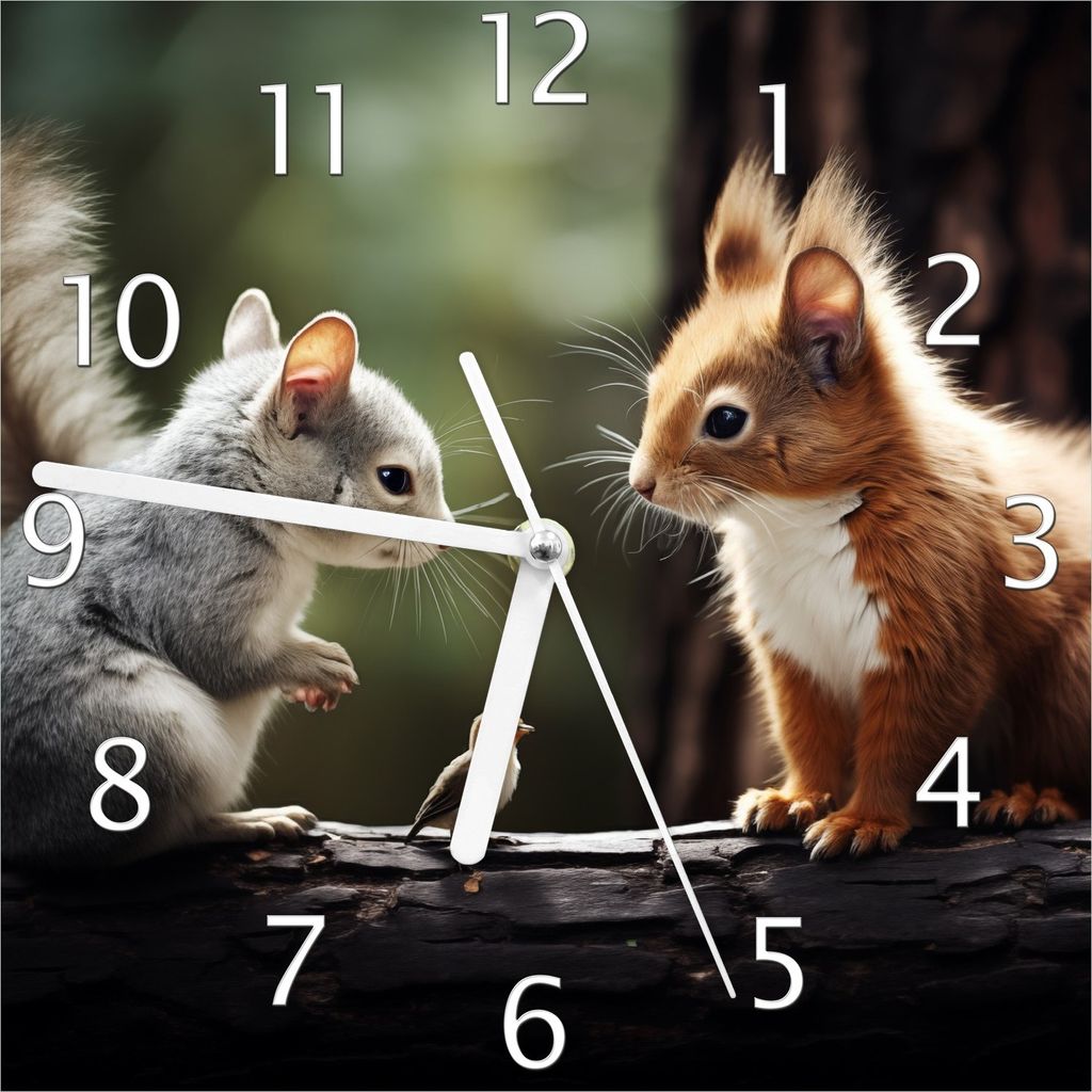 Wallario Design Wanduhr Waldfreunde im Dialog aus Echtglas, Größe 20 x 20 cm