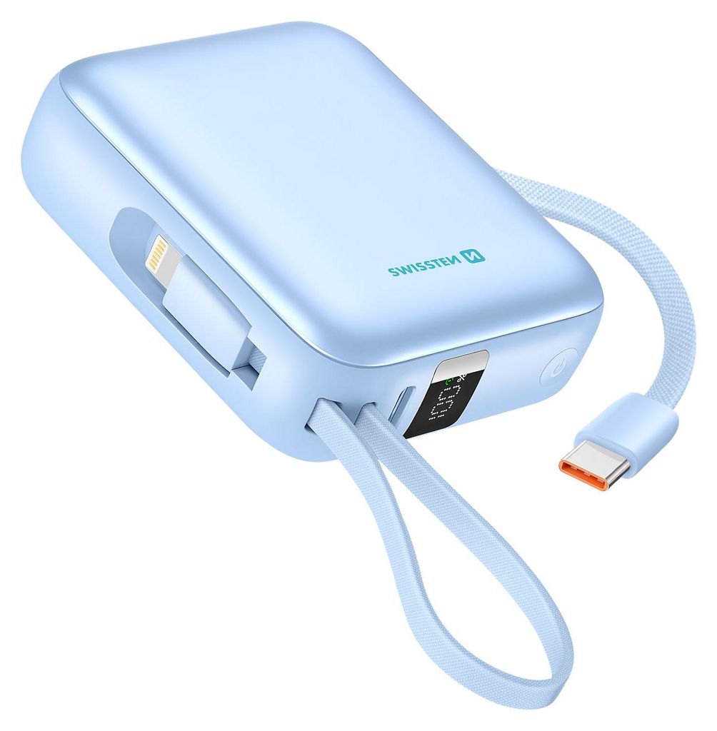 Swissten, Powerbank 10000mAh 22.5W mit Kabeln und LCD Display, Blau