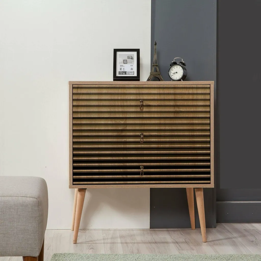 Commode 3 Tiroirs Apricale 80 cm en Bois Chêne Marron Robuste et Design - 4