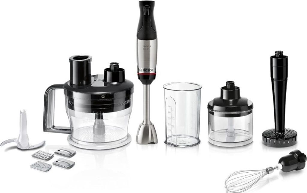 A collection of kitchen blender attachments and accessories laid out on a white background.