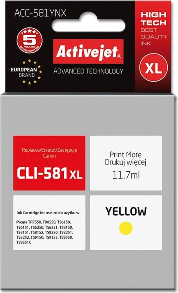 Activejet ACC-581YNX Żółty Tusz Zamiennik Canon CLI-581XLY Supreme 11,7 ml
