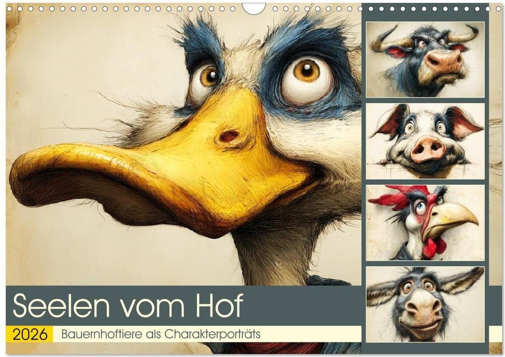 Seelen vom Hof. Bauernhoftiere als Charakterporträts (Wandkalender 2026 DIN A3 quer), CALVENDO Monatskalender