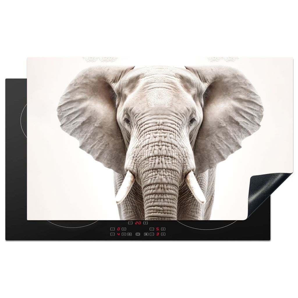 KitchenYeah Herdabdeckplatte Elefant - Wildtiere - Porträt - Weiß , 83x51cm, Küche Deko, Glaskeramikkochfeld Herdabdeckung, Abdeckplatte fùr ...