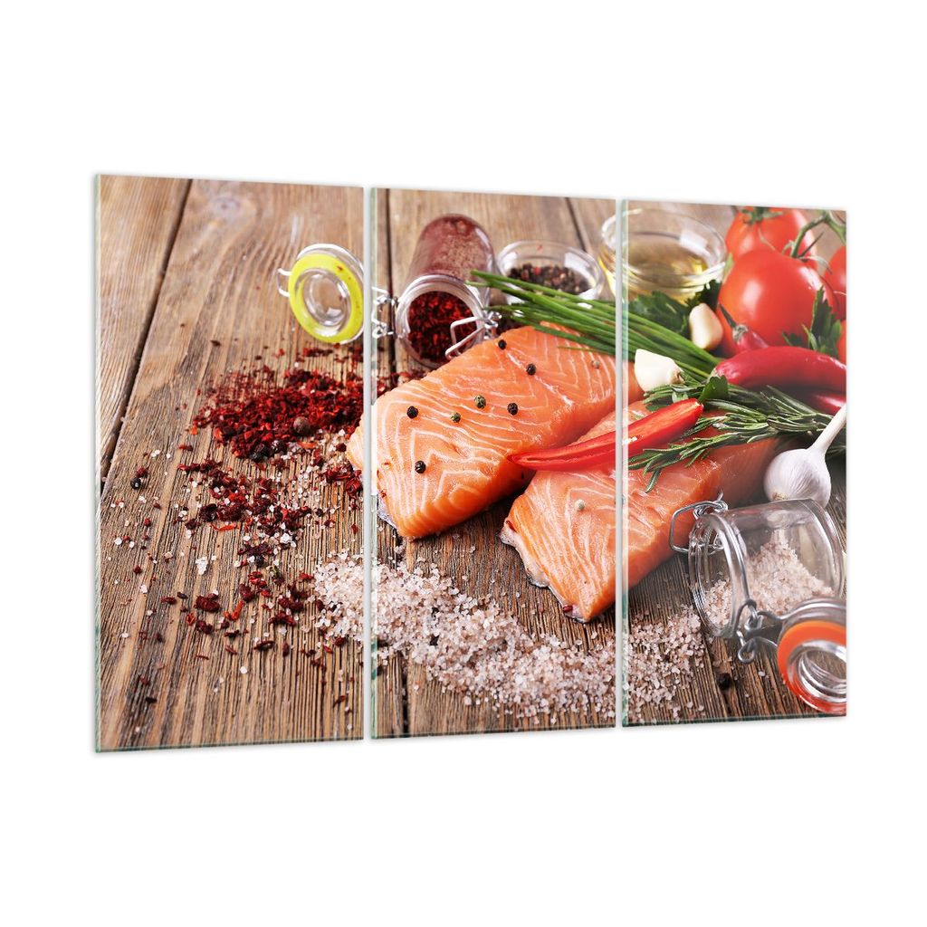 Bilder auf glas - Lachs Fisch Essen Küche - 105x70cm - Glasbilder - Wandbilder - Kunstdruck - zum Aufhängen bereit - Wanddekoration aus Glas - Gl...