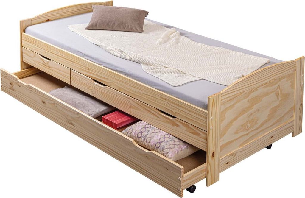 Marinella Einzelbett 90x200 Bett mit Lattenrost, 3 kleinen und 1 grosse Schublade/Gästebett, natur.
