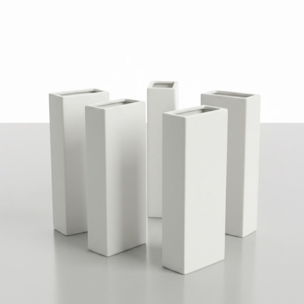 A set of five white ceramic vases arranged on a light gray surface against a white background.
