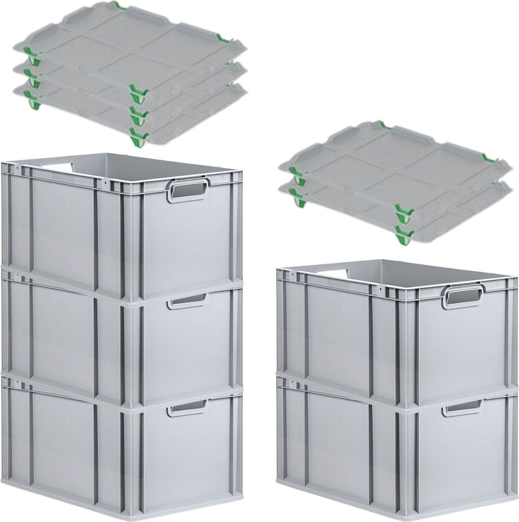 SparSet 5x Eurobox NextGen Grip mit Auflagedeckel inkl. 4 grünen Schiebeschnappverschlüssen | HxBxT 32x40x60cm | 65 Liter | Griffe offen | Verst...