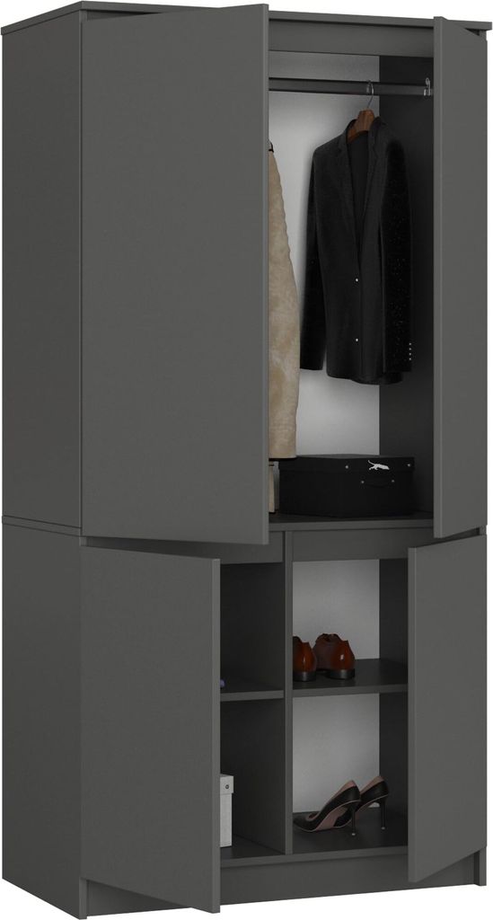 BDW 4-Türiger Kleiderschrank, Garderobenschrank 4 Fachböden, Grau