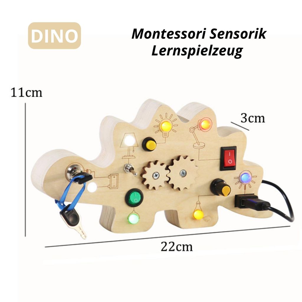 Montessori Sensorik Lernspielzeug aus Holz – Busy Board für Kinder ab 3 Jahren – Drück-Tafel Dino