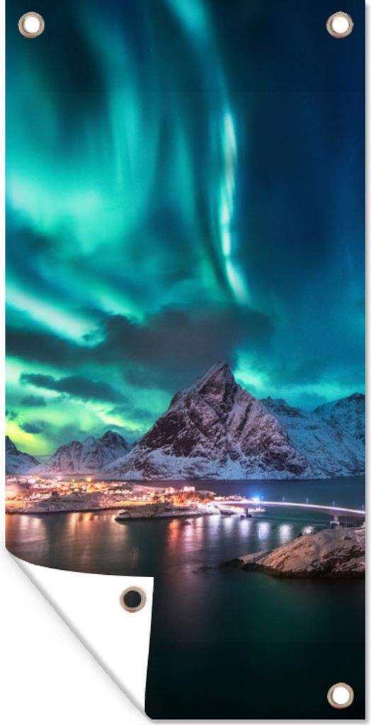 MuchoWow 80x160 cm Outdoor-Poster Gartendeko Sichtschutz Garten Poster für den Garten Grüner/blauer Himmel auf den Lofoten