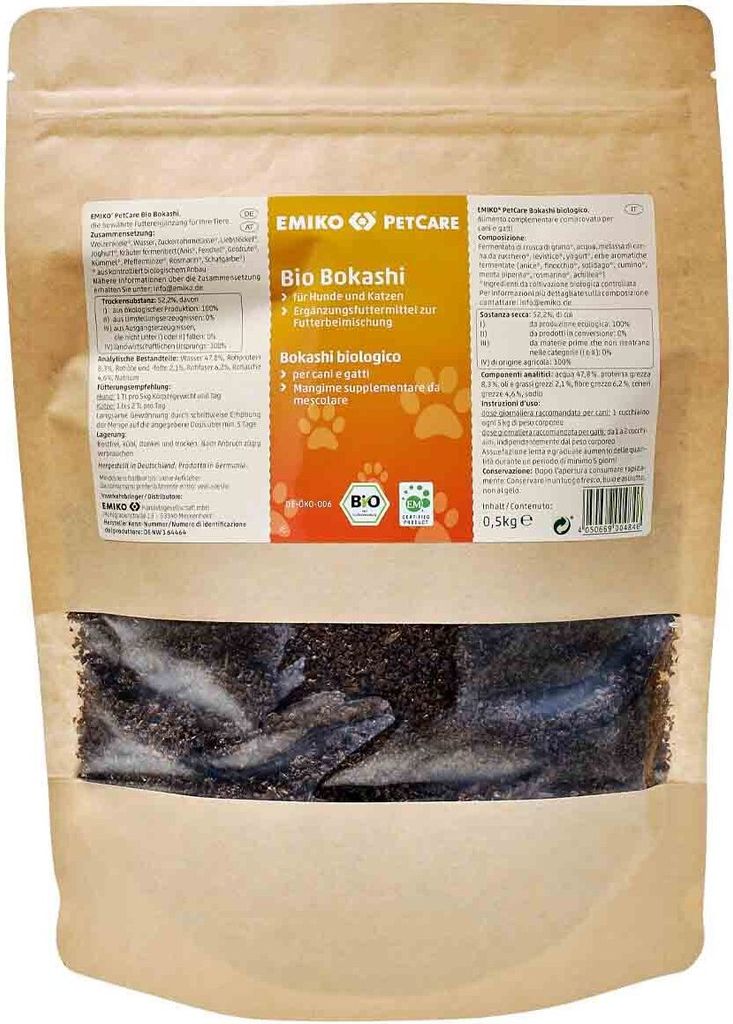 Emiko PetCare Bio Bokashi 500g Fermentiertes Ergänzungsfuttermittel mit Bio-Kräutern für Hunde & Katzen