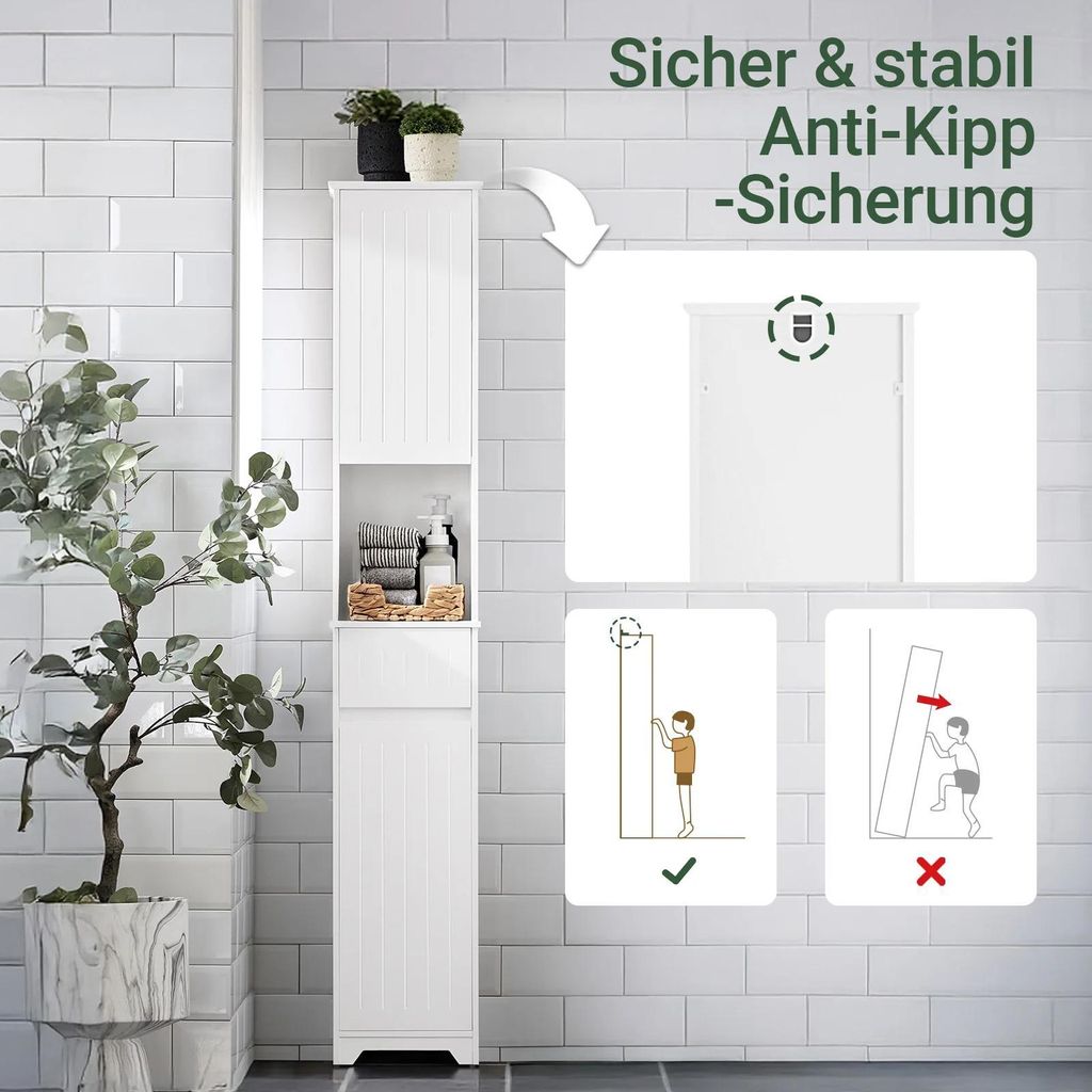 Badezimmer Hochschrank schmal - BZR109-W - Freistehend, Holz, Lackierte Oberfläche, Länge unter 60 cm, Montage erforderlich - Weiß