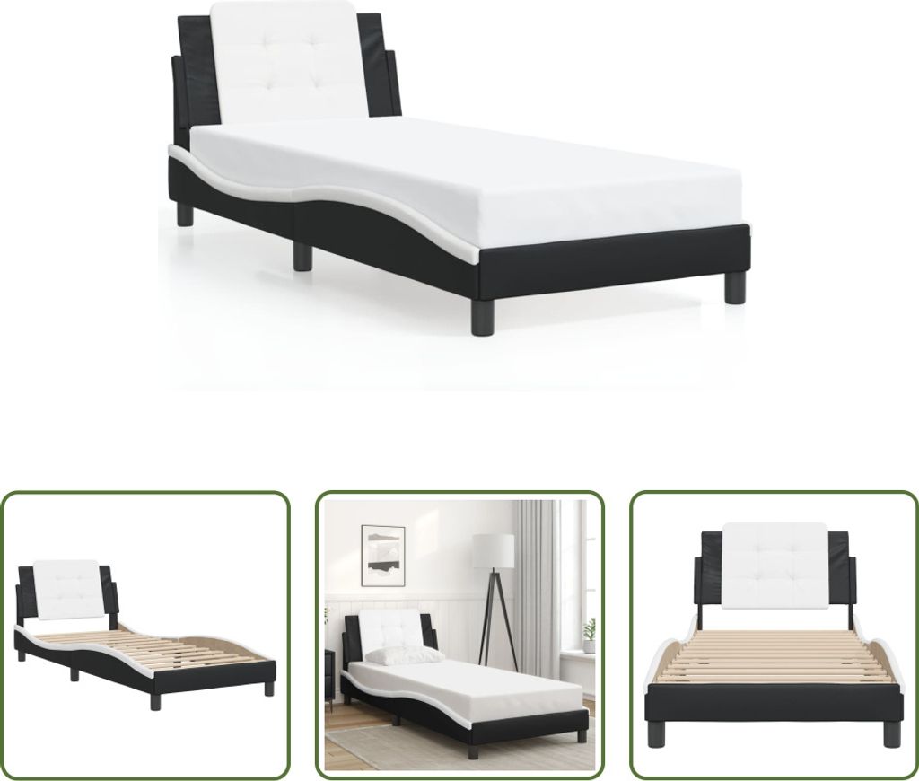The Living Store Bettgestell mit Kopfteil Schwarz und Weiß 80x200 cm Kunstleder