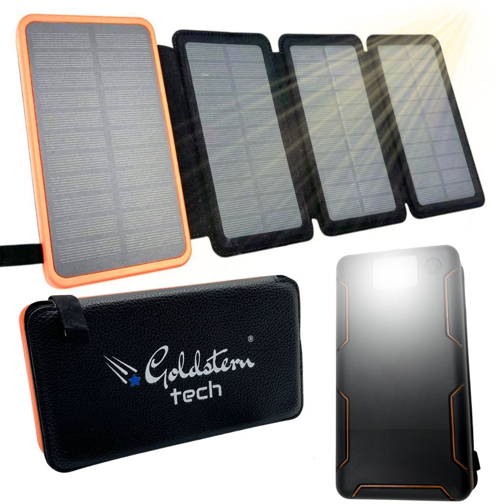 GOLDSTERN-TECH SolarCore 38K Solar Powerbank 15W Schnellladefunktion 36800 mAh, mit 4 Solarpanels, QC 3.0, USB-C, LED-Taschenlampe, Outdoor geeignet