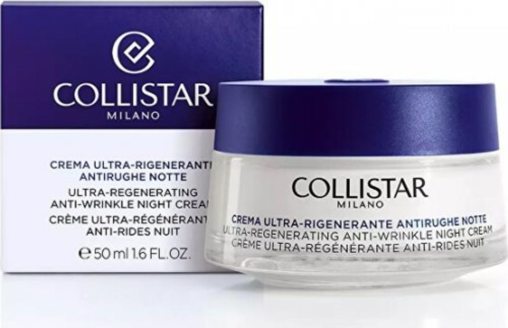 A product shot of a jar of Collistar anti-wrinkle night cream next to its box.