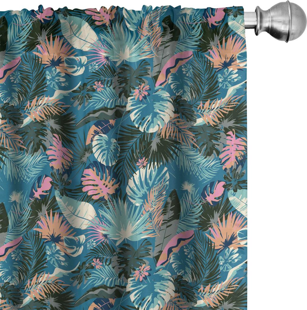 ABAKUHAUS Tropisch Vorhänge, Gardinen, Jungle Vibrant Monstera Kokospalme Blätter Insel Exotische Pflanzen, 2 Stück 75 x 175 cm, Sea Blue und Me...