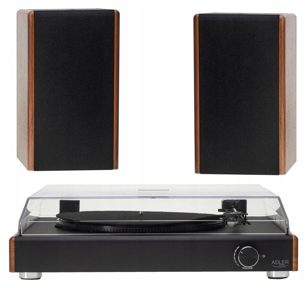 A turntable and two speakers are displayed against a white background.