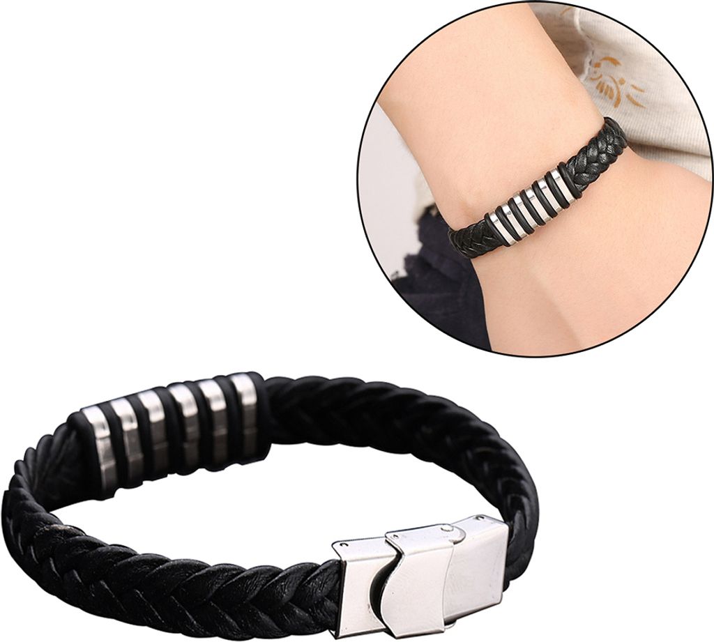 Geflochtenes Kunstleder-Armband, Titan-Stahl, Herren-Armband, Punk-Armreif, Schmuck