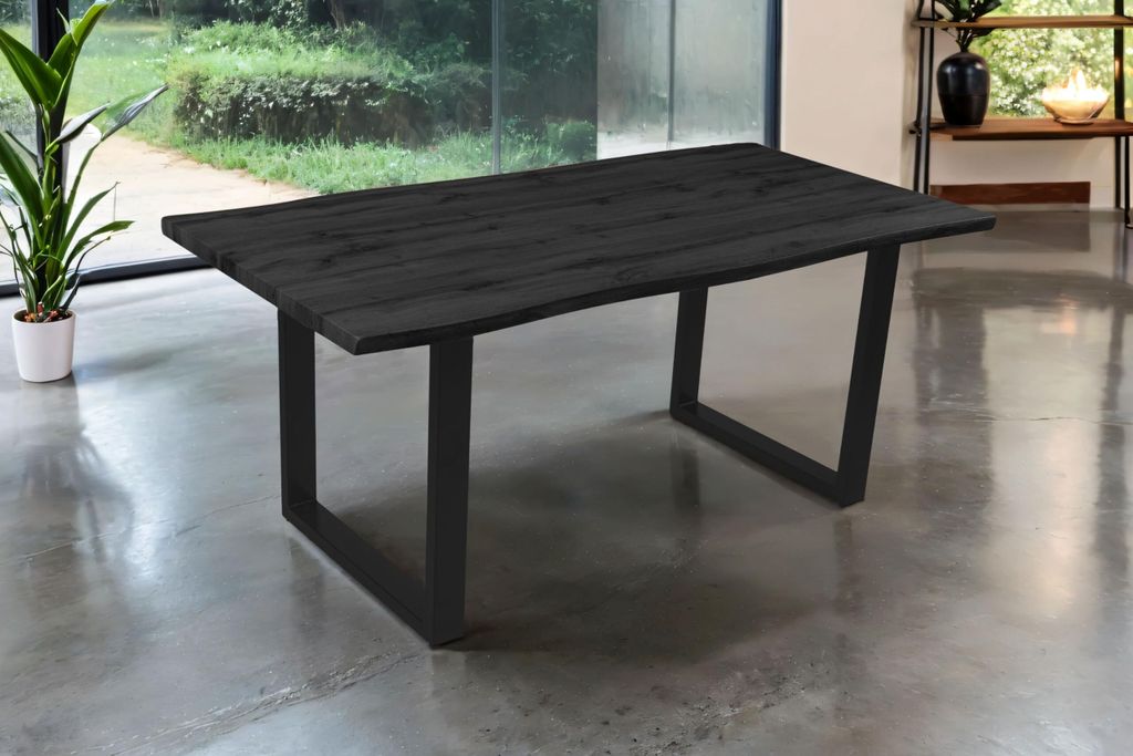 Esstisch Josy | 180 x 90 cm | Holz-Optik in Grau | U-Gestell Metall schwarz | 40 mm Tischplatte mit Baumkante | Tisch für Esszimmer & Küche