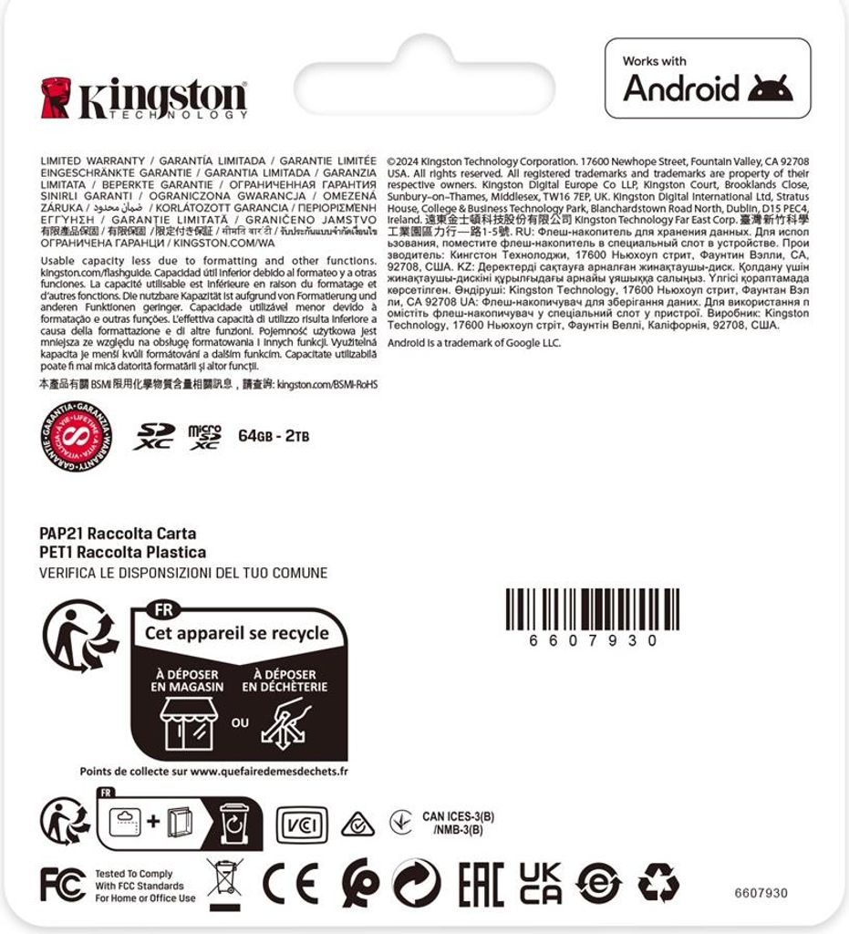 The back of a Kingston memory card package, showing warranty information, compatibility, and recycling instructions.