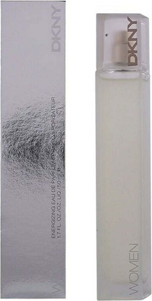 A bottle of DKNY Women Energizing perfume and its packaging.
