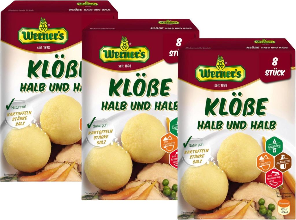 3x Werner’s Klöße halb & halb 8 Stück Selbstform-Klöße gluten- & laktosefrei ohne Farbstoffe