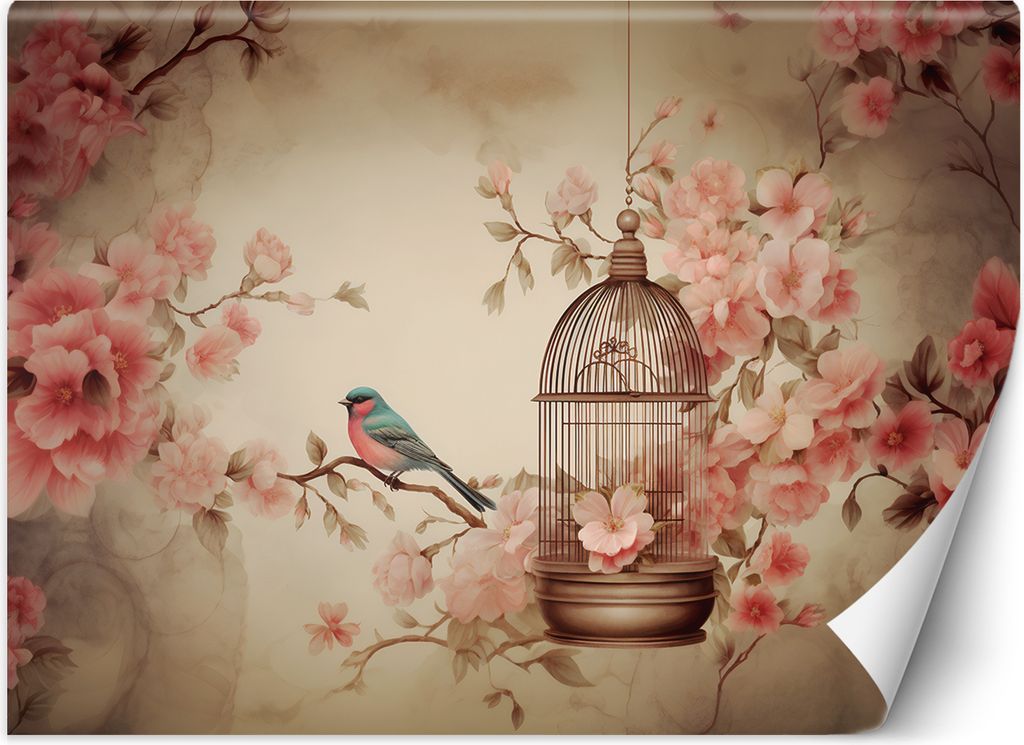 Vlies fototapete Vogel auf einem Zweig Vintage 300x210 cm Feeby Rosa inkl. Kleber einfache Montage