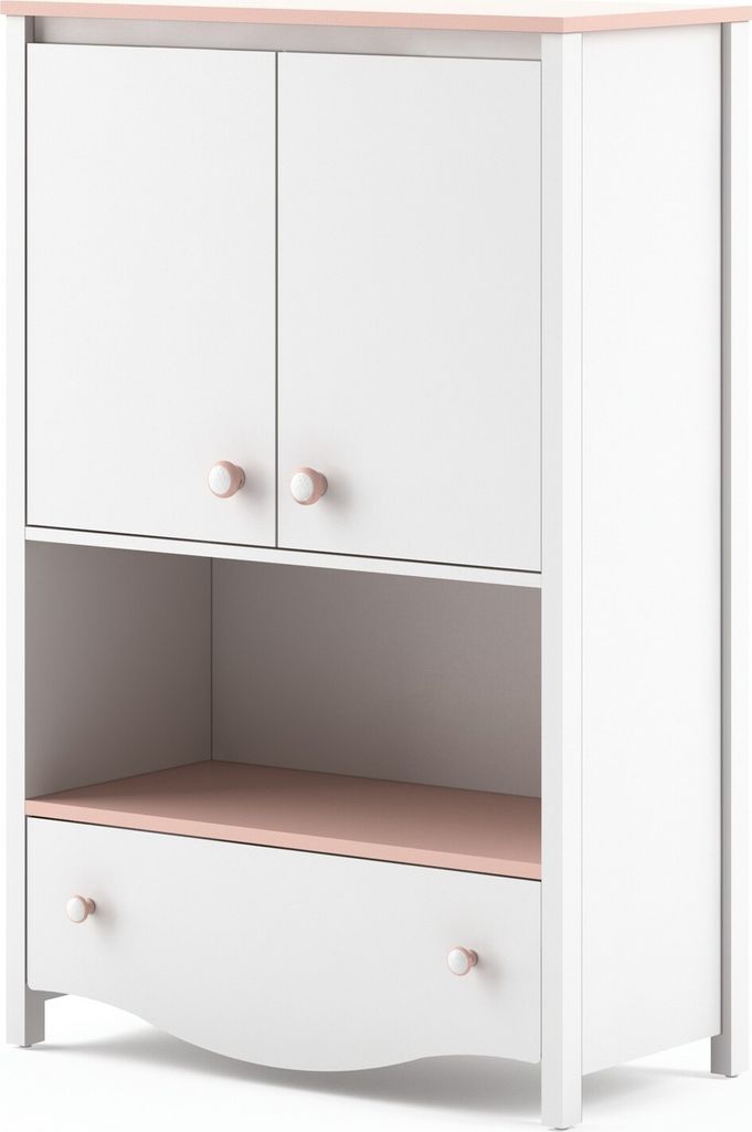 Furniture24 Hochschrank MIA MI11 Schrank 2 Türiger 1 Schublade Kommode Highboard Weiß / Rosa Mädchenzimmer Kinderzimmer