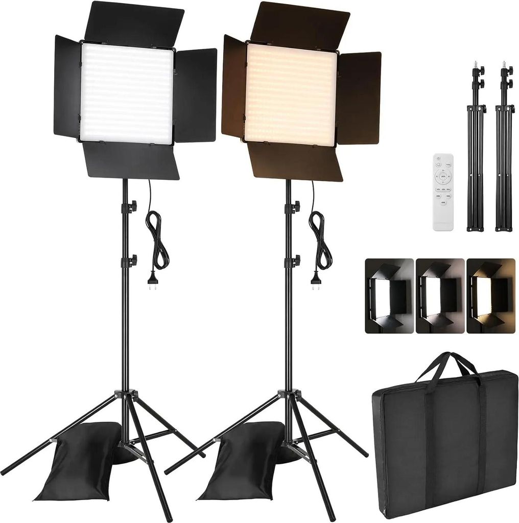 LED Panelleuchten - 2er Set Videolicht - 26 cm - 60 W - Panel mit 448 LEDs - Bi-Color 3000–6300 K - Dimmbar mit Fernbedienung - Zwei Stative 195 ...