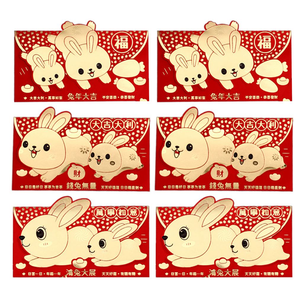 6PCS Lucky Money Taschen Chinesische Cartoon -Muster -Drucker Heiße Stempelprozess Horizontales Geschenk geben dickes Papier 2023 Jahr des Kaninch...