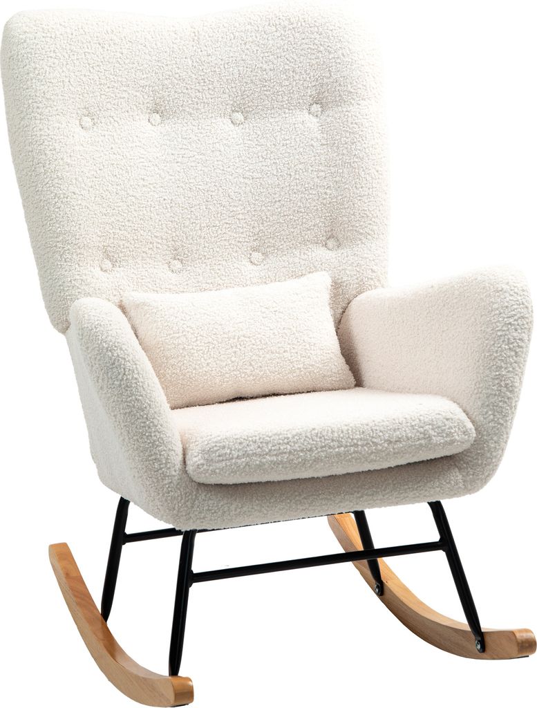 A cream-colored rocking chair with a textured fabric and a small lumbar pillow.