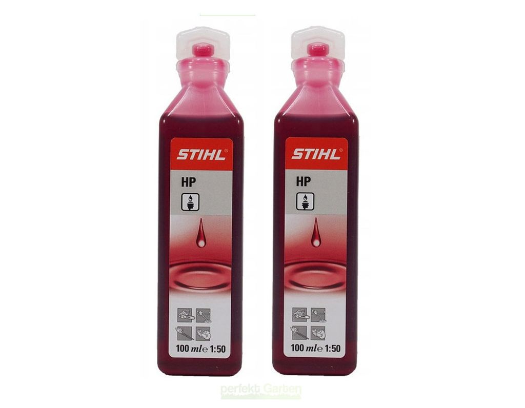 Two bottles of Stihl HP 2-stroke oil are displayed against a white background.