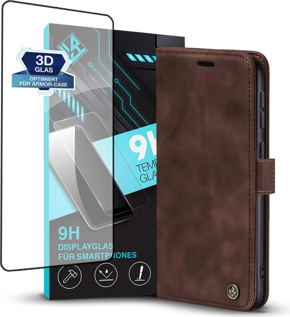 Handy Hülle für Samsung Galaxy S21 Ultra 5G mit 9H Displayglas Klapphülle Bookcase Flip Cover Handy Tasche Etui Farbe: Dunkelbraun