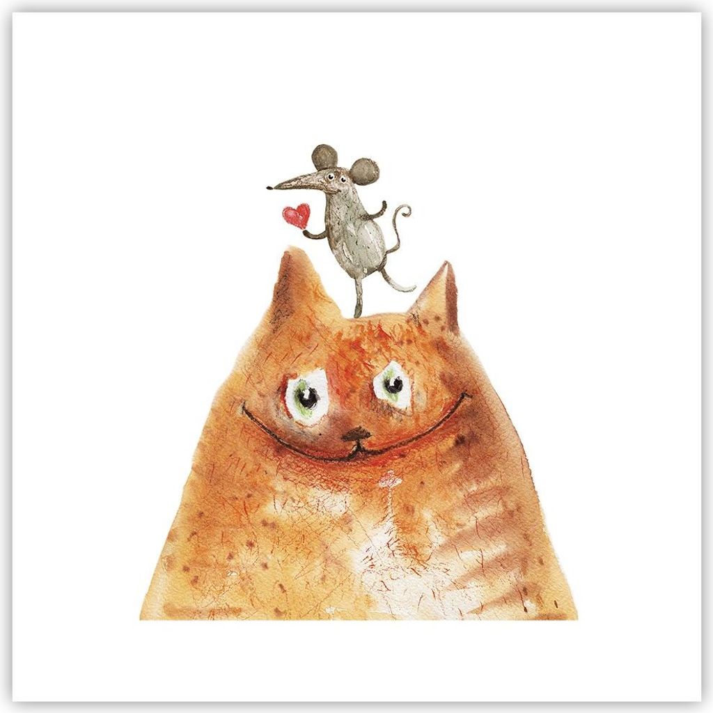Poster - Poster ohne Rahmen - Katze Maus Kinder - 30x30 cm - Wand Bild - Wanddeko - Wandbilder - Kunstposter - Wandposter - Bilder - Kunstdruck - W...