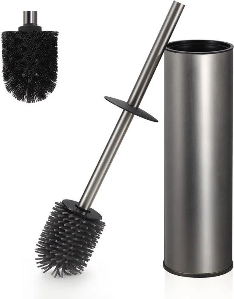Porte-Brosse WC Métal avec 2 Têtes Silicone Longues Anti-éclaboussure
