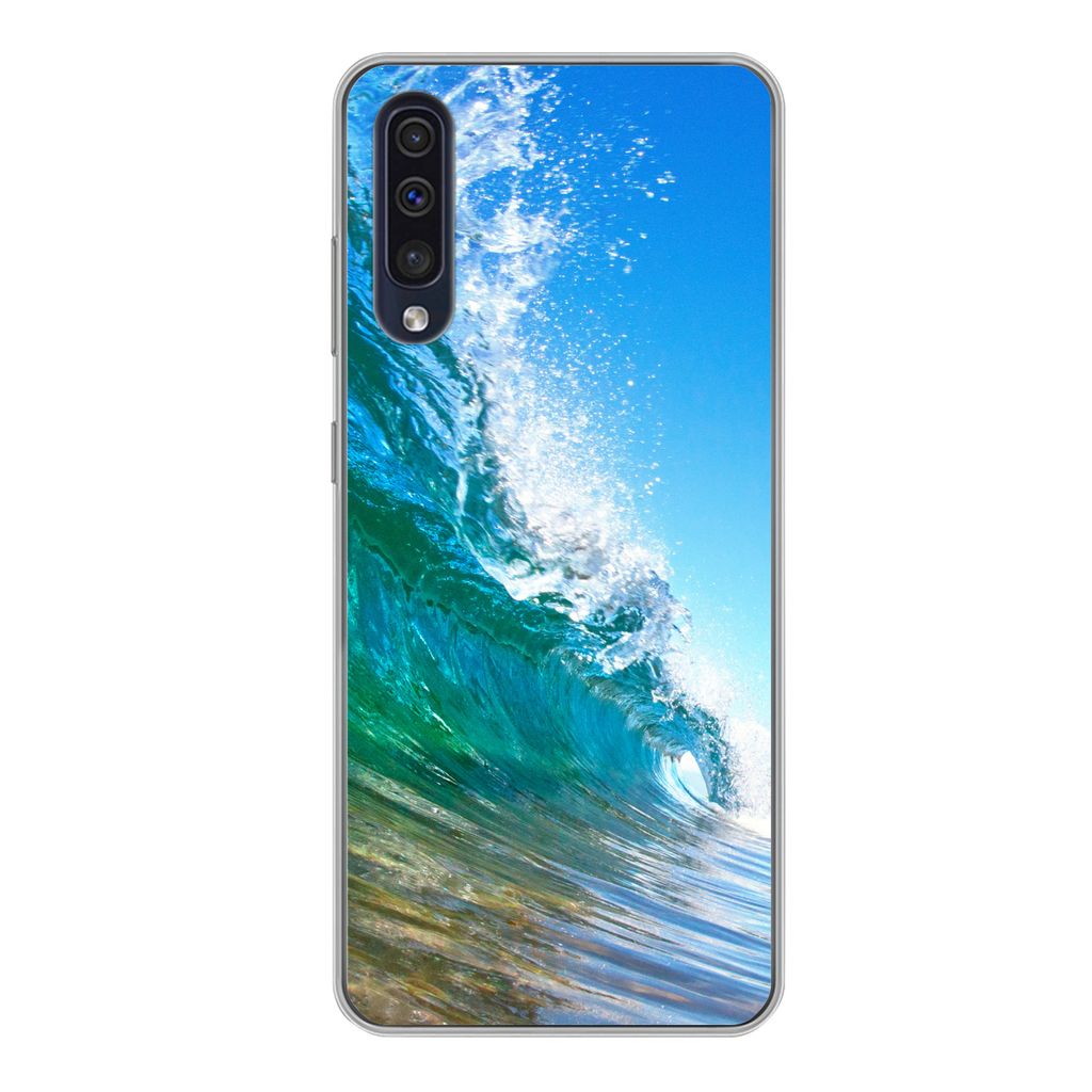 MuchoWow Handyhülle Schutzhülle Hülle für Samsung Galaxy A50 Nahaufnahme einer Welle, die sich vor der Küste von Hawaii bricht Silikon Softc...