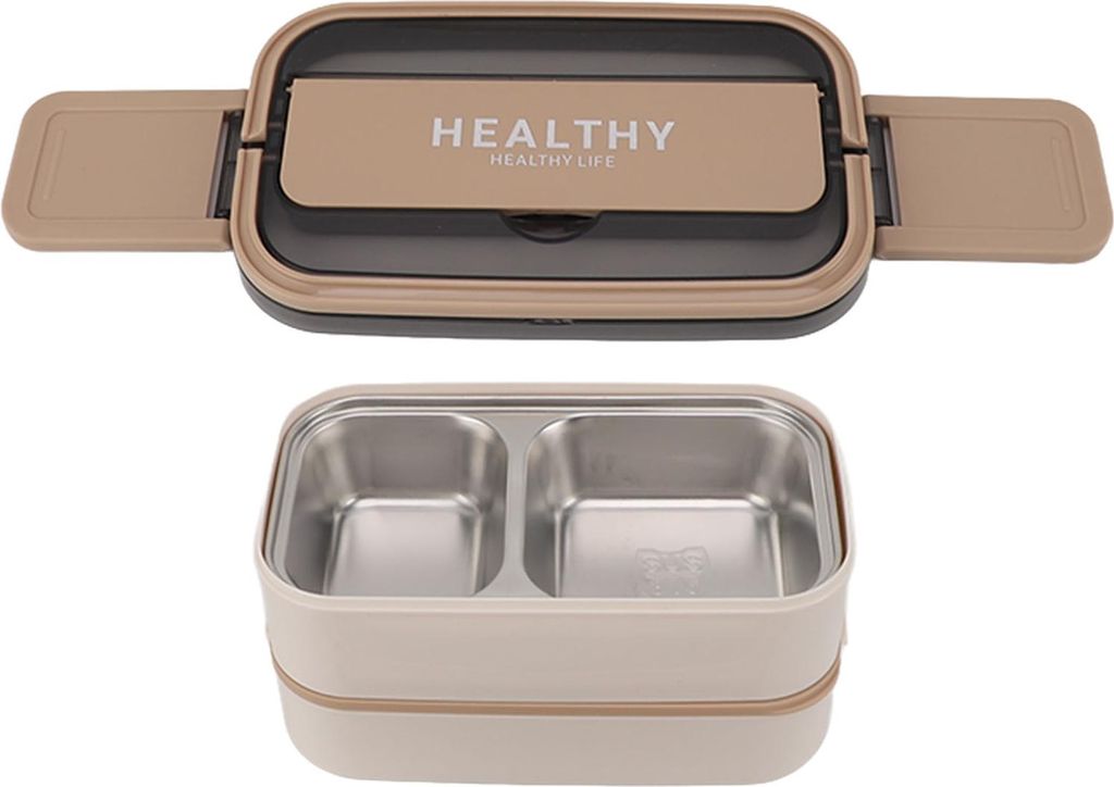 Double Layer Bento Box 316 Edelstahl Fach Portable Lunch Box mit Besteck für Arbeit Schule Büro 1400ml Creme Aprikose