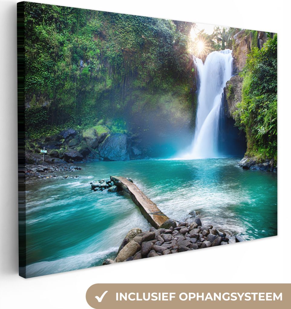 MuchoWow - Leinwandbilder - Wasserfall - Steine - Landschaft - Pflanzen - Wasser, Wandbild, Wanddeko Bilder Wohnzimmer, 40x30 cm