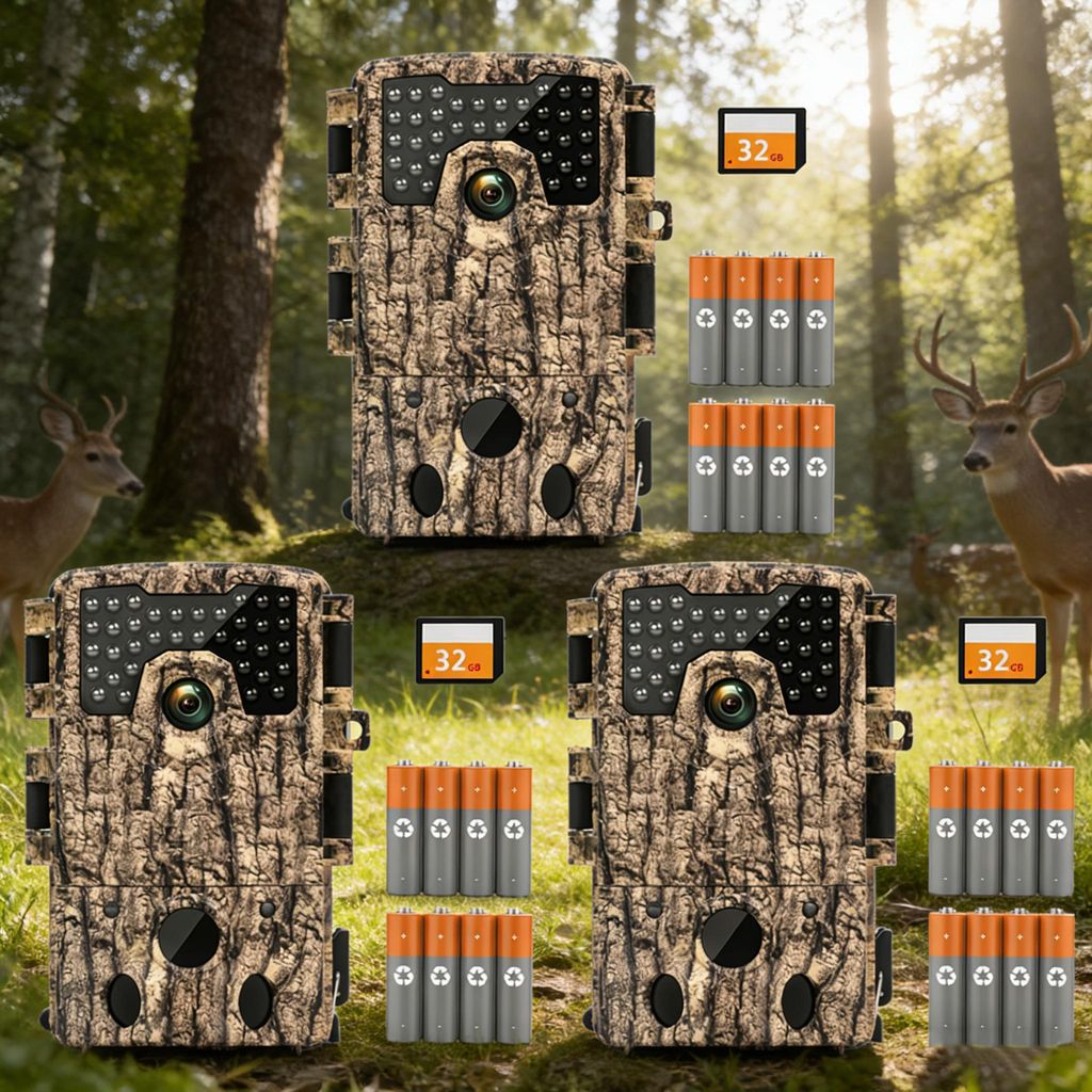 3 Stück Wildkamera 4K Video Wildtierkamera 48MP mit 32GB Produktbild 