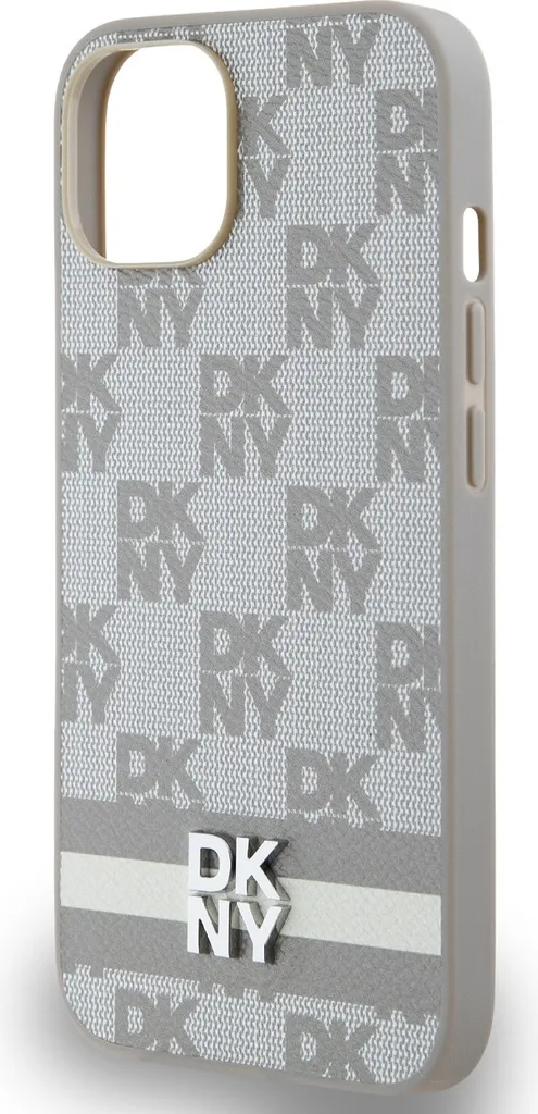 DKNY Custodia iPhone 15 Scacchi e Righe Giallo-Grigio | Design Esclusivo