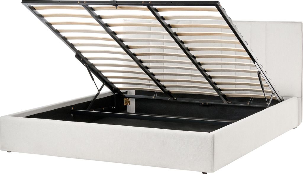 BELIANI Polsterbett Hellbeige Stoff 180 x 200 cm mit Stauraum Bettkasten Aufklappbar Lattenrost Hohes Kopfteil Modernes Design Schlafzimmermöbel