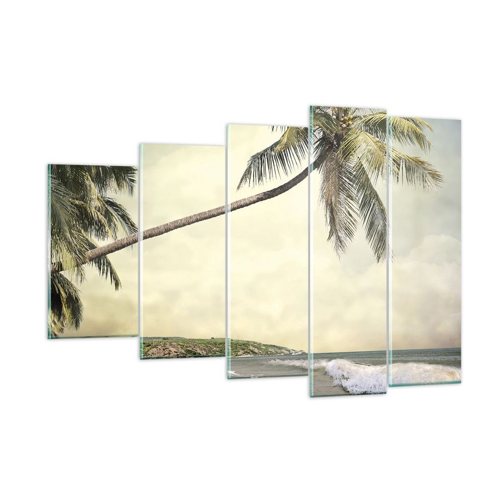 Bilder auf glas - 5 Teile - Palme Strand Insel - 150x100cm - Glasbilder - Wandbilder - Bilder - zum Aufhängen bereit - Wanddekoration aus Glas - G...