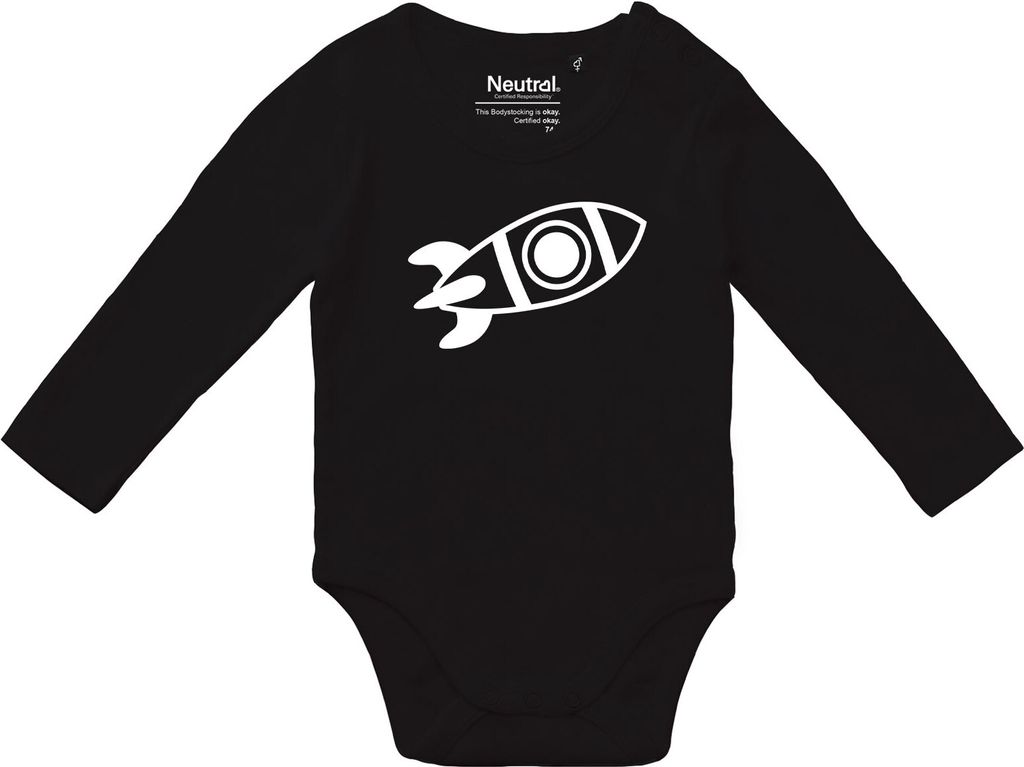 Huuraa Baby Body Rakete Raumschiff 80 Black Baumwolle Fairtrade Langarmbody Geschenkidee