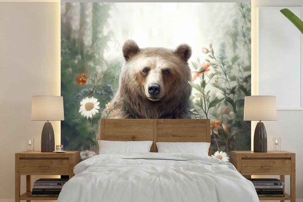 MuchoWow Fototapete für Wohnzimmer oder Schlafzimmer Wandtapete Vinyl Motivtapete Braunbär - Wildtiere - Blumen - Pflanzen - 220x220 cm - Tapeten