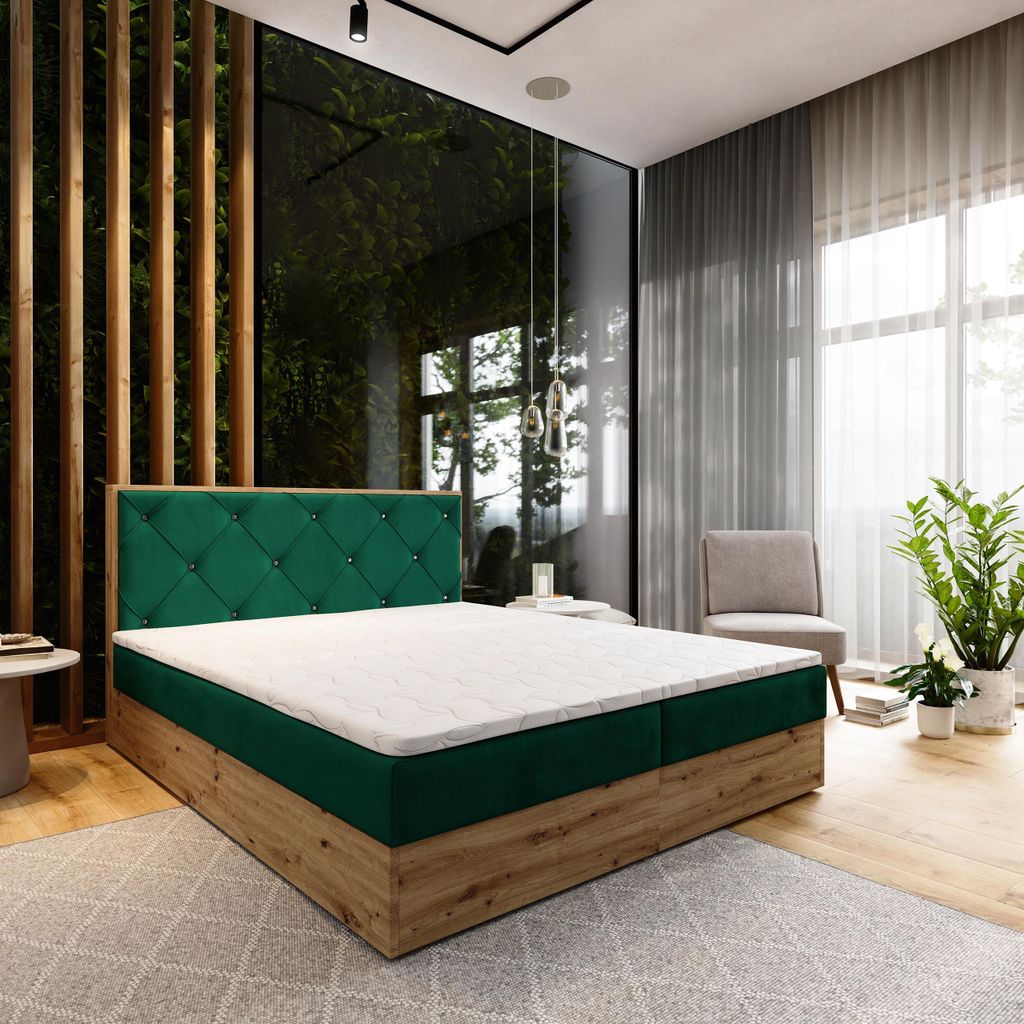 Masseno Boxspringbett FOSCO 180x200 cm Komplett-Set mit Bonell Matratze und Topper, Polsterbett mit Bettkästen -Grün, KRONOS 19