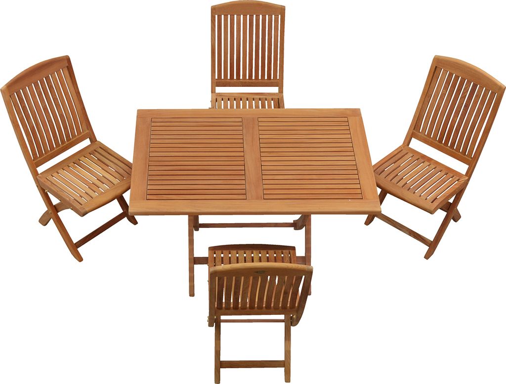 Teakholz Esstischgarnitur aus 4 Klappstühlen + 1 Klapptisch 120 x 80 cm edles Teak Gartenmöbel Set mit Klappfunktion