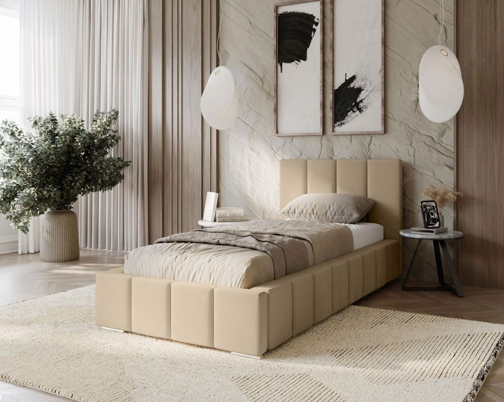 Gepolstertes Einzelbett 100x200 mit Stauraum BURKE - Creme